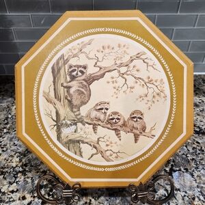 Vintage 1970s "Raccoon Family" by John E. Bradley - Octagonal Wood Wall Art